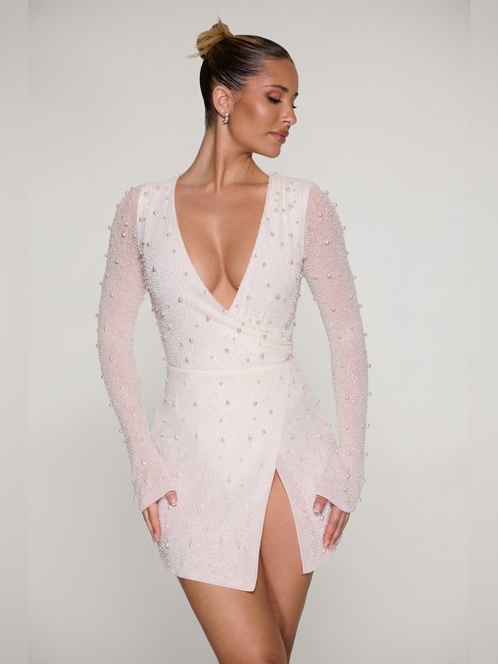 Oh Polly Chelsea Embellished Wrap Over A-Line Mini Dress in Ivory
